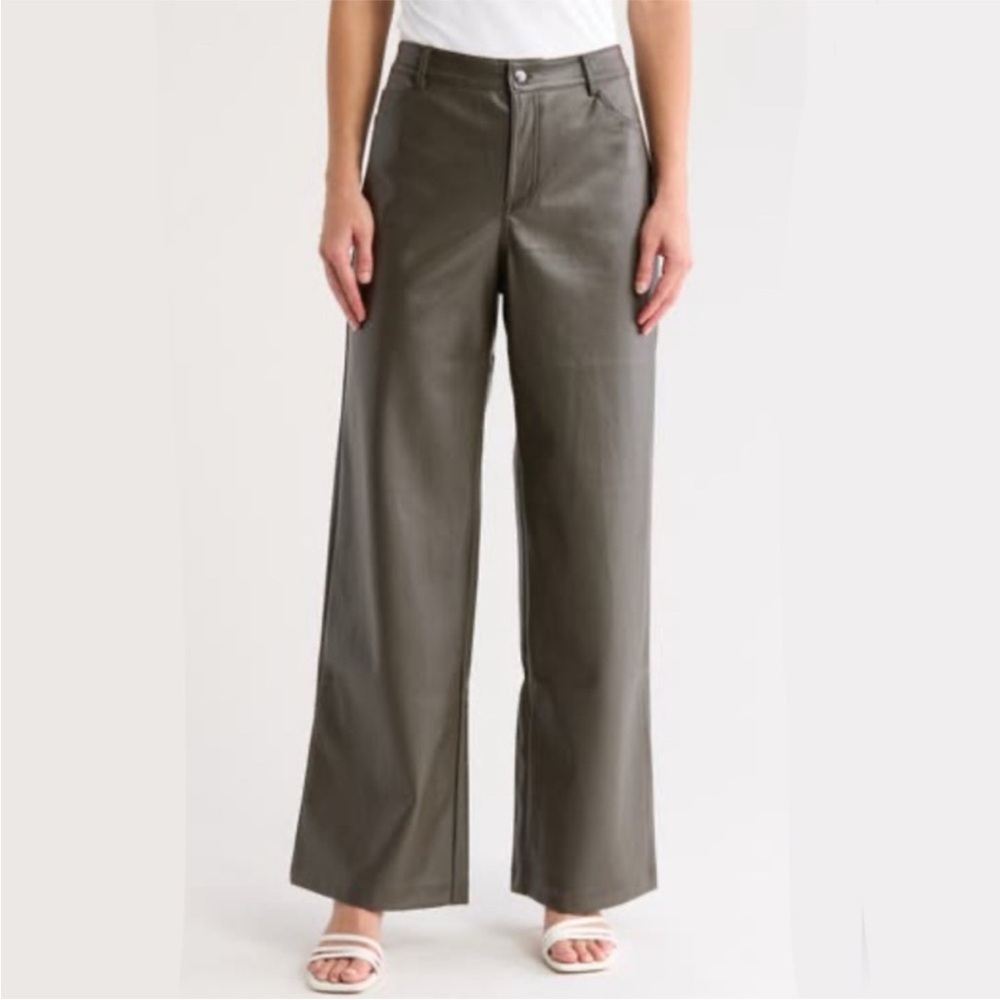 wayf faux leather wide leg trouser pants xs olive green